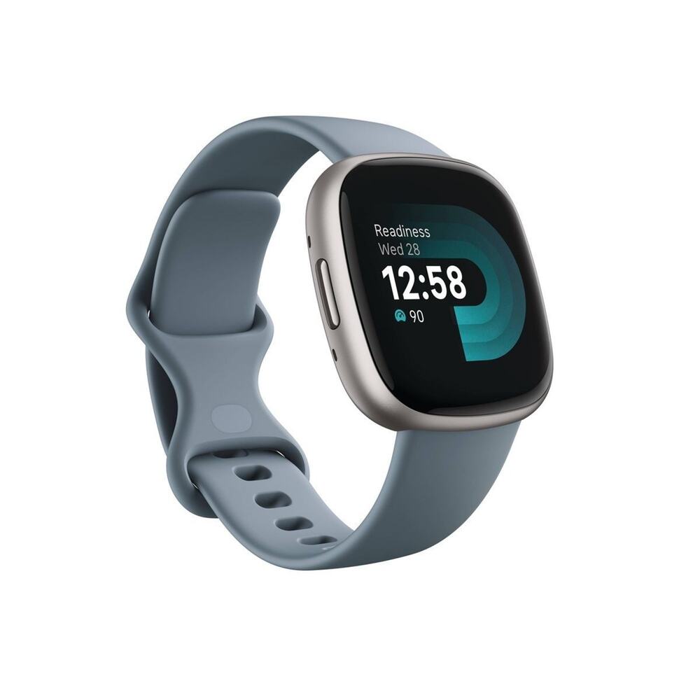 Fitbit Versa 4 Smartwatch - Platinum Aluminum with Waterfall Blue Band $199